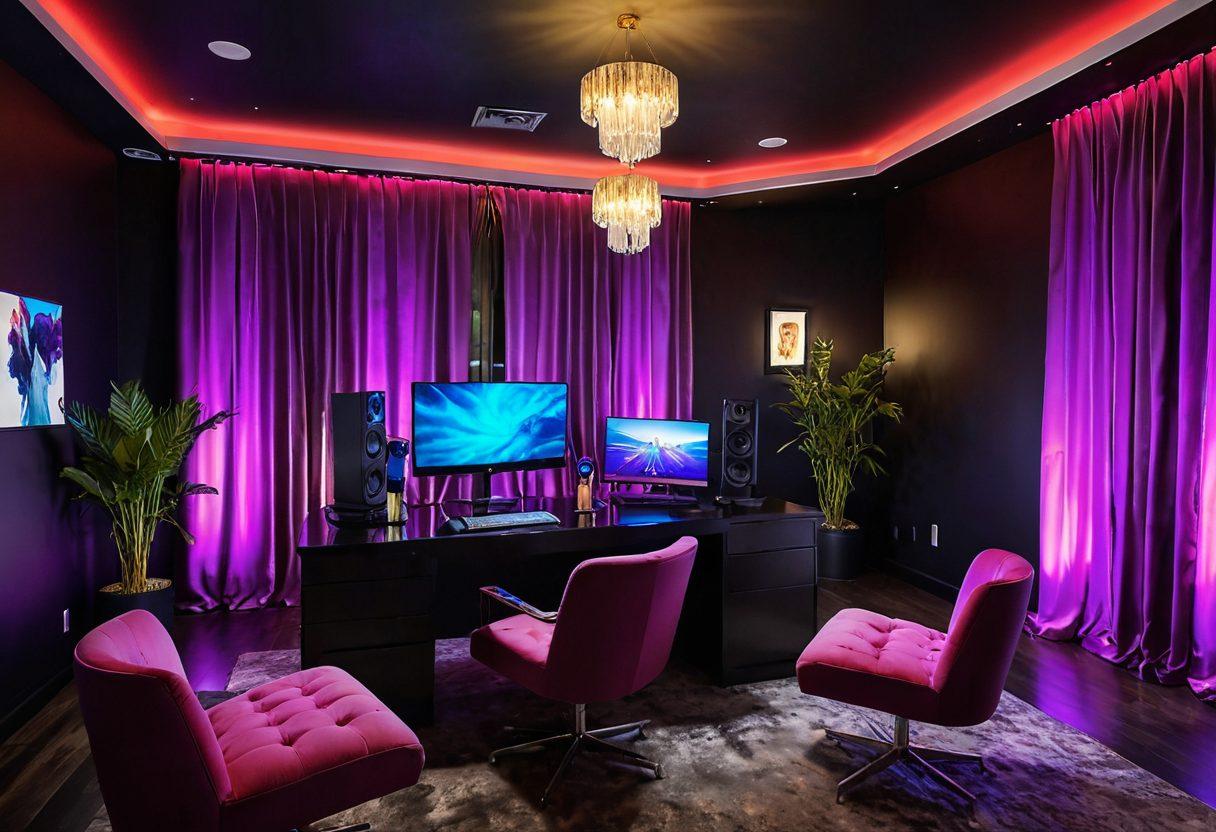 A stylish and upscale streaming studio featuring a confident content creator surrounded by vibrant neon lights and high-tech equipment. Include a dual monitor setup displaying engaging adult content and chat interactions, with sensual yet tasteful decor like plush seating and silk drapes. The atmosphere should feel inviting and professional, blending pleasure with a sense of entrepreneurship. artistic lighting, contemporary design, vibrant colors.