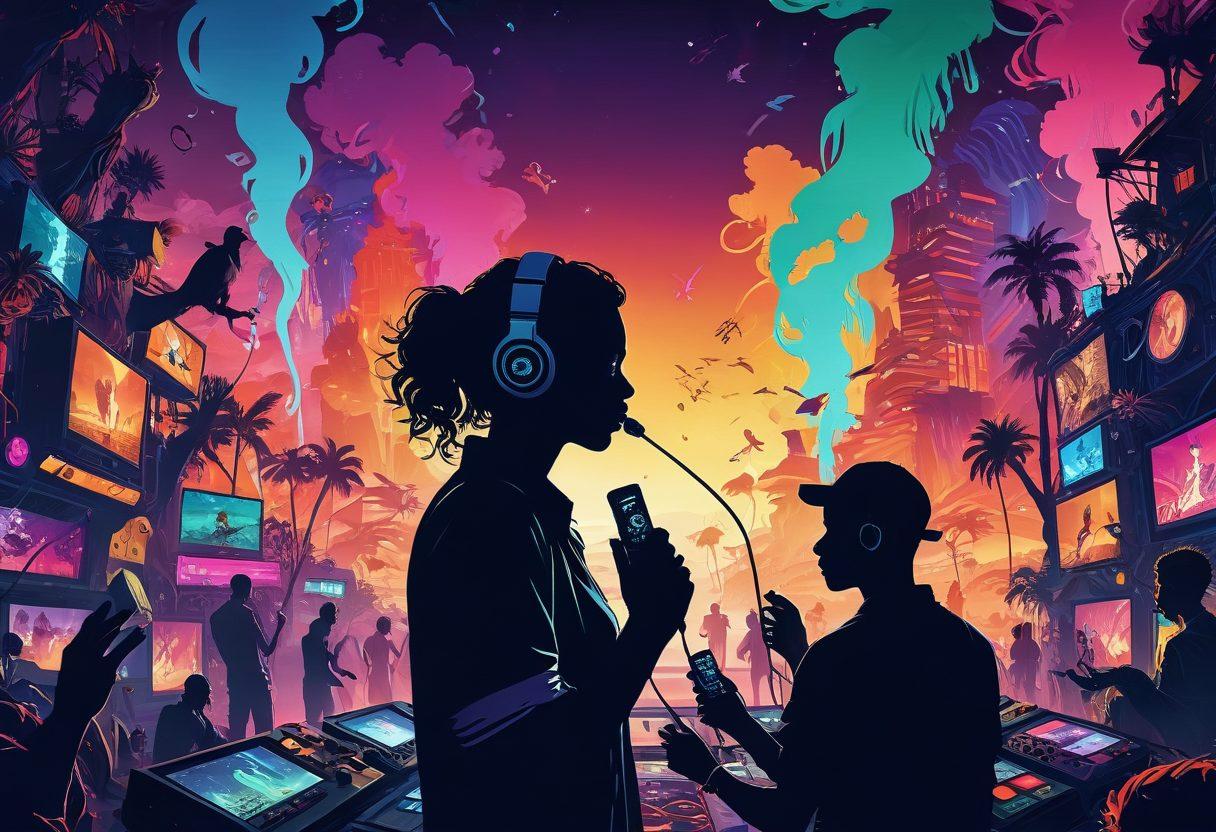 A vibrant collage showcasing an alluring digital landscape filled with dynamic streaming elements like stylish microphones, video game controllers, and captivating erotic art. Integrate silhouettes of diverse streamers passionately engaging with their audiences, alongside symbols of monetization like dollar signs or coins. Add playful, colorful accents to create an inviting yet provocative atmosphere. fantasy art, vibrant colors, digital illustration.